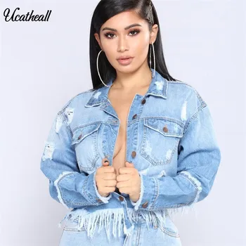 

Ucatheall New Lapel Ripped Tassel Denim Jacket Coat Vintage Summer Casual Basic Jean Outerwear Streetwear Jacket Women