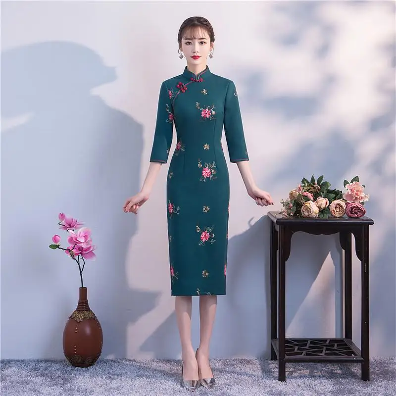 Осень-зима женский шерстяной длинный Cheongsam традиционный ручной работы и пуговицы китайское платье Винтаж шоу на сцене приталенный китайский женский халат M-XXXL - Цвет: Style 5