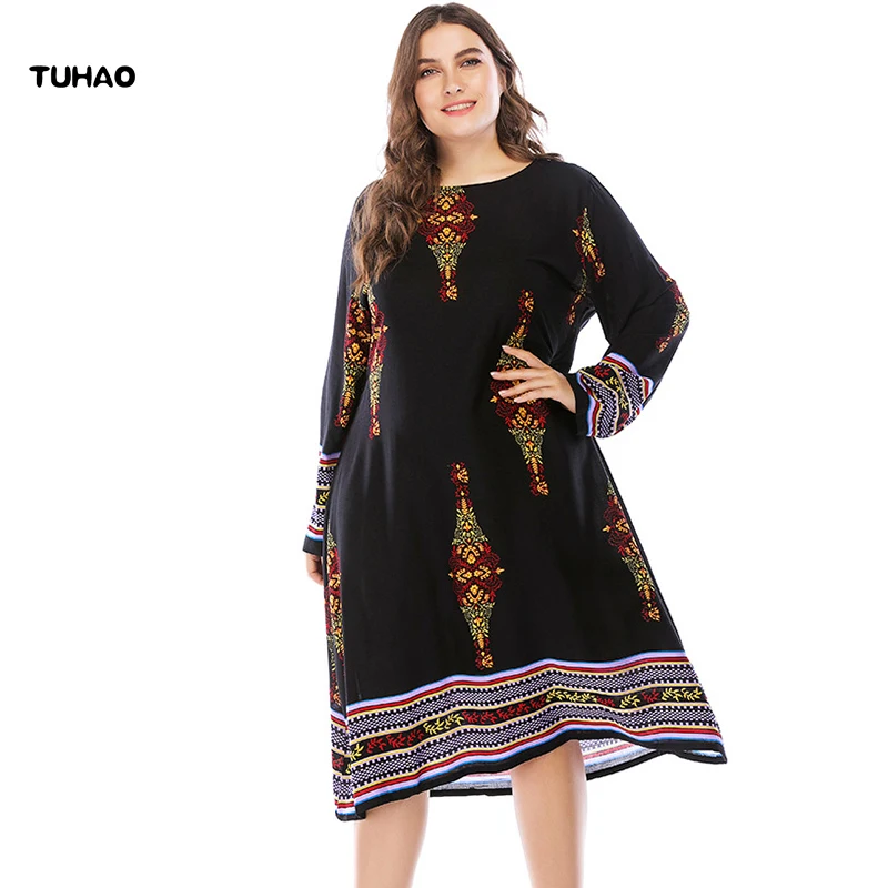 

TUHAO 6xl 5xl 4xl Plus Size Women Dress 2018 Autumn Winter Femme Floral Print Vintage Dress Loose Retro Office Lady Dresses CM70