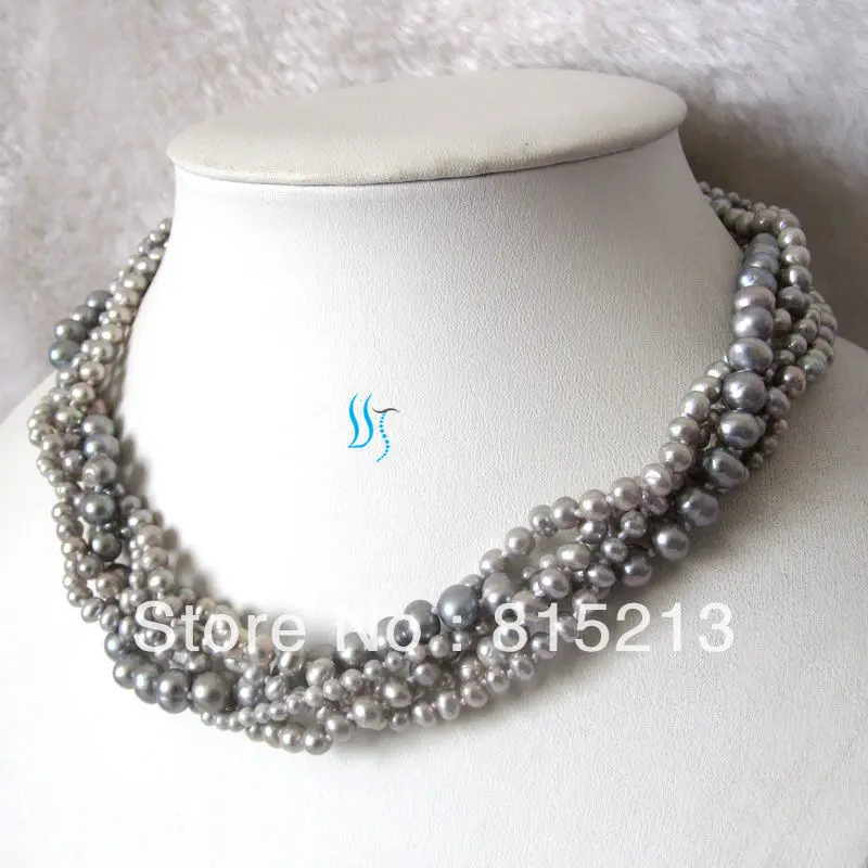 

FREE SHIPPING>@@> N1257 16" 5Row 3.0-7.0mm Gray Freshwater Pearl Choker Necklace