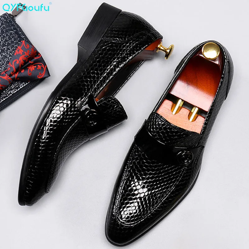 

QYFCIOUFU New Genuine Leather Men Dress Shoes High Quality Patent Leather Oxford Shoes Pointed Toe Classic Wedding Formal Shoes
