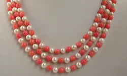 Jewelr 004956 потрясающие 3 рядов белый круглый пресноводный жемчуг розовый коралл ожерелье