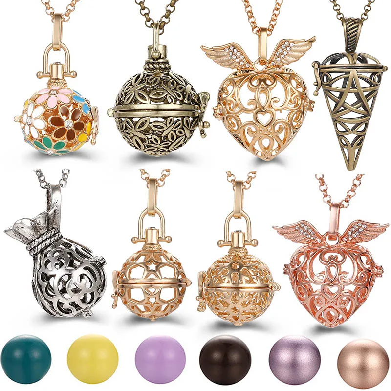 

2019 Multi Styles Hollow LOVE Angel Wings Vintage Necklace Music Ball Pregnancy Bell Necklace Aroma Essential Oil Locket Pendant