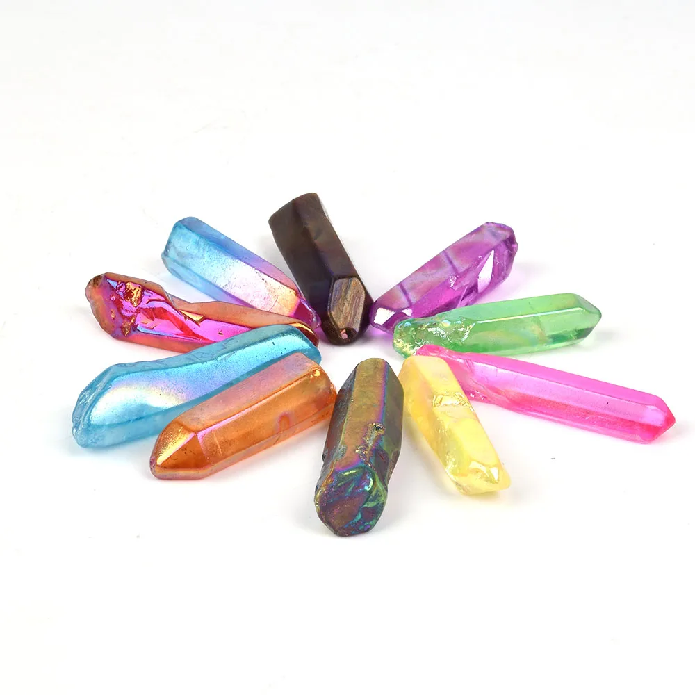 

Multicolor Natural Aura Titanium Quartz Crystal Wand Points Electroplating Crystal Healing Hexagonal Prism DIY Jewelry Pendant