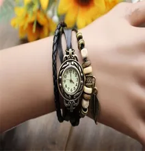 Womens Bracelet Vintage Weave Wrap Quartz Leather Leaf Beads Wrist Watches Free shipping #250717