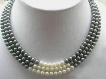 

3Rows 7-8MM Black White Natural Pearl Necklace 17-19"