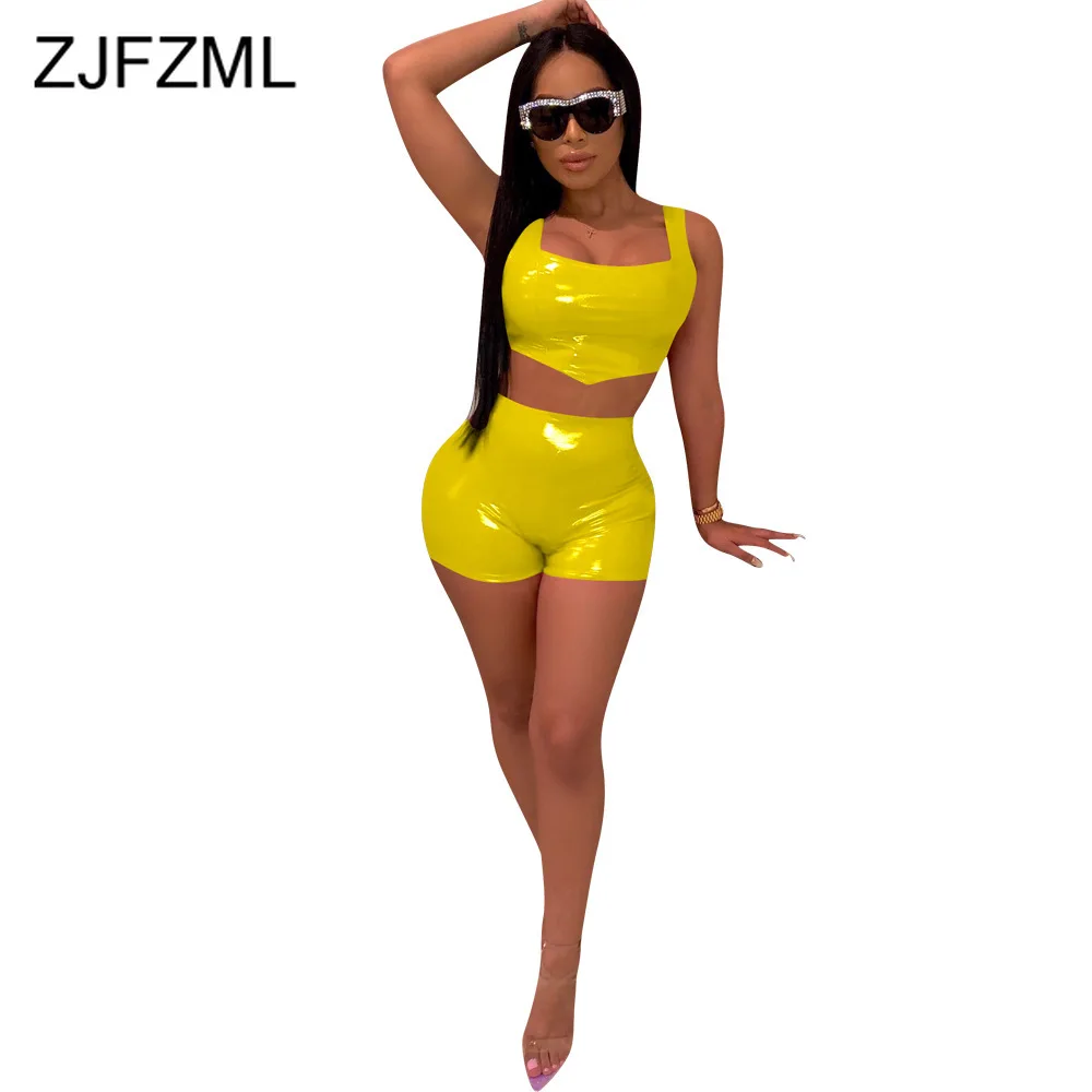 

PU Leather Two Piece Tracksuit Summer Clothes For Women Crop Top And Bodycon Biker Shorts Streetwear Plus Size Two Piece Outfit