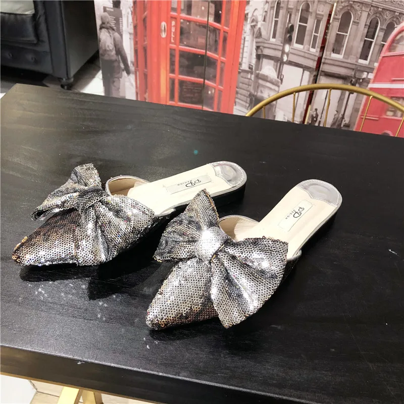 

Microfiber Slides summer slipper Butterfly-knot closed toe loafer Low women Pointed Toe spring Shallow mules Square heel slides
