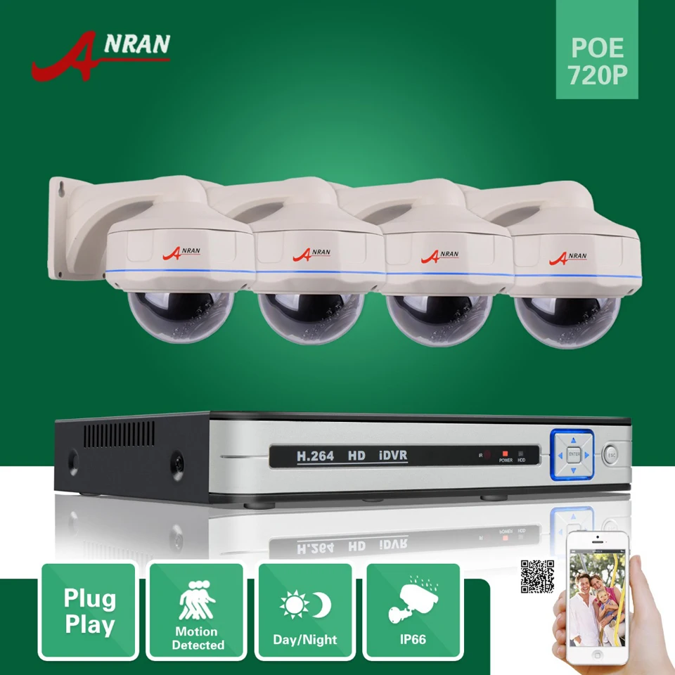  ANRAN P2P Network 4CH POE NVR HDMI 30 IR Vandalproof Dome Waterproof Outdoor 720P POE IP Camera Security Surveillance System 