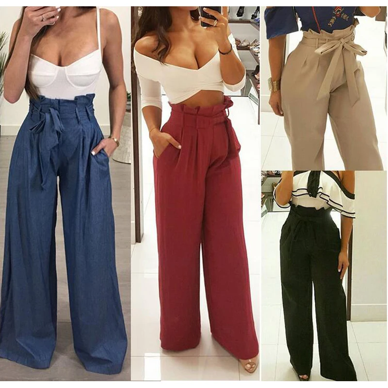 

Women Loose Solid Color Self-tie Drawstring Wide Leg Pants AM0447