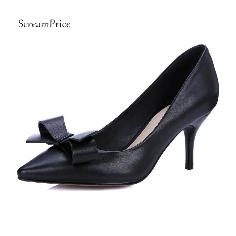 

Women Genuine Leather Slip On Pointed Toe Lazy Shoes Sweet Bow Knot Shallow Party Spring Autumn Women Pumps Black Pink