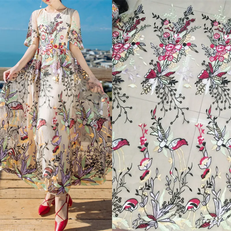 

FFLACELL 1 yard Flower and bird designs dress embroidery fabric cloth material of high-grade fabrics Wide 130cm