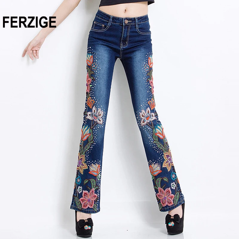 

FERZIGE 2018 Women Jeans with Embroidery Luxury Denim Pants Manual Embroidered Bell Bottom Stretch Rhinestones Beading Femme 36