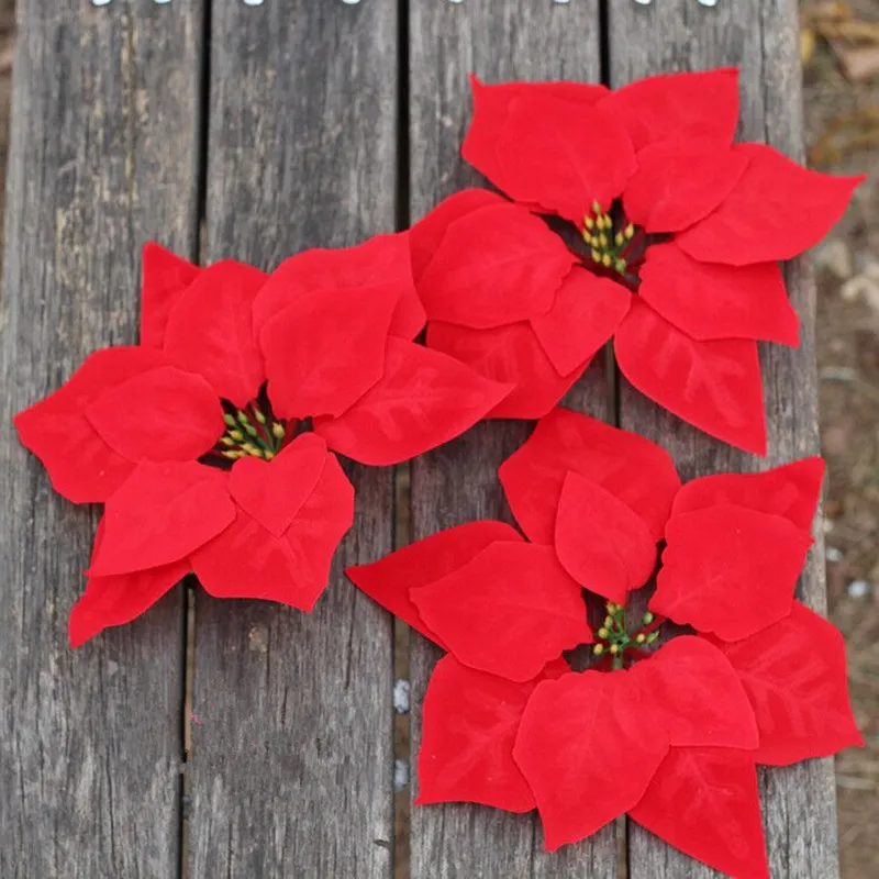 

50 Pieces 20CM Artificial Red Christmas Flowers Without Branches Flannel Poinsettia Flower Head Plastic Red Silver Gold