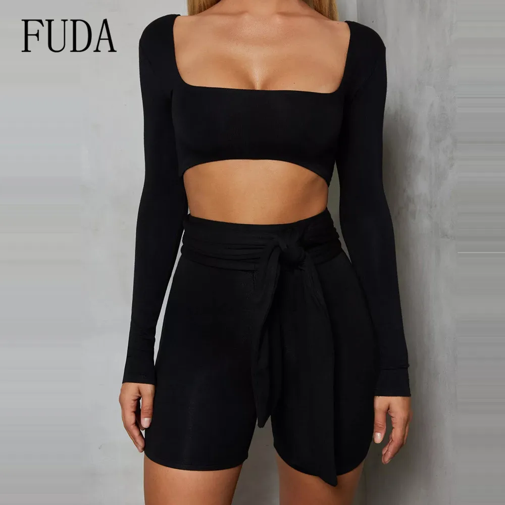 FUDA Women Jumpsuits Fashion Long Sleeve Hollow Out Two Pieces Black Playsuits Autumn Bodycon Bandage Rompers with Waist Belt FUDA Women Jumpsuits Fashion Long Sleeve Hollow Out Two Pieces Black Playsuits Autumn Bodycon Bandage Rompers with Waist Belt