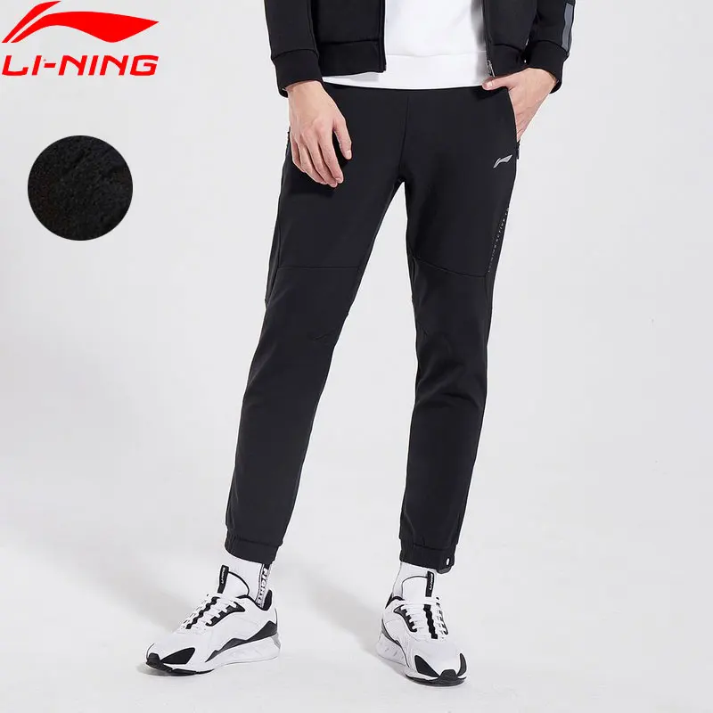 Li-Ning, мужские тренировочные спортивные штаны, флисовые, теплые, 92% полиэстер, 8% спандекс, обычная посадка, подкладка, зимние спортивные штаны, AYKN383 MKY444