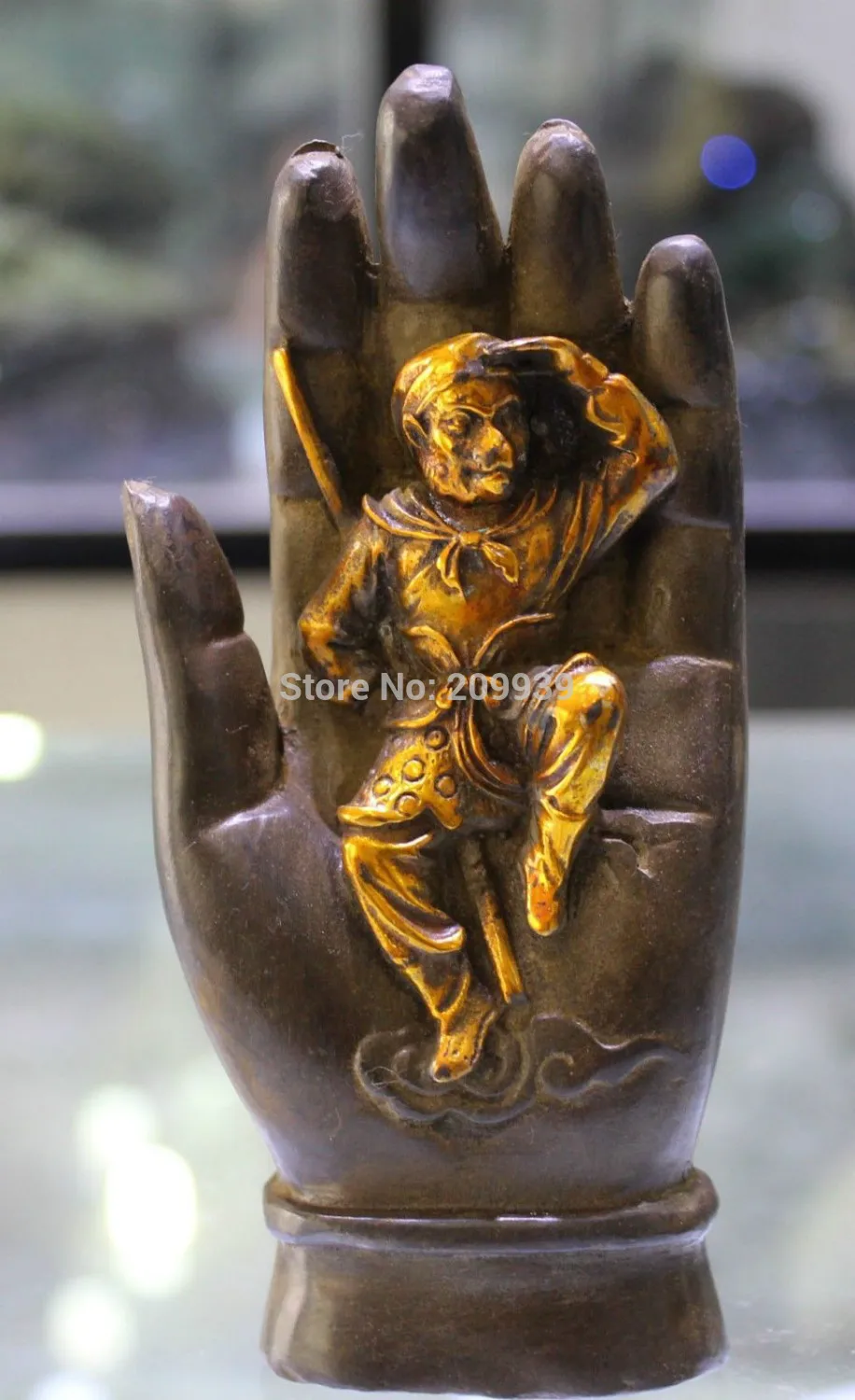 

huij 006681 5" Chinese Bronze Gilt Monkey King Sun Wukong Sakyamuni Tathagata Buddha hand statue