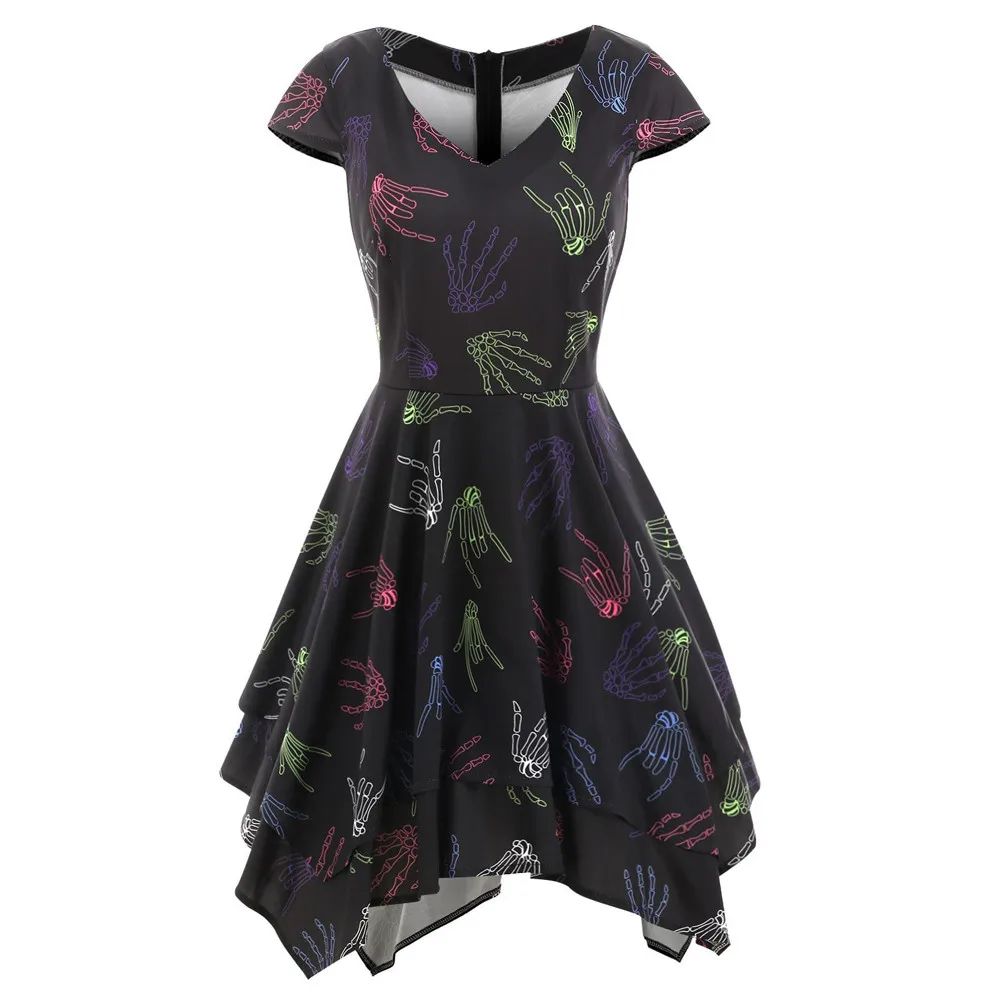

Summer Fashion Women Halloween Dress Sexy Skeleton Hands Handkerchief Printed Gown Evening Party Dress Plus Size vestidos