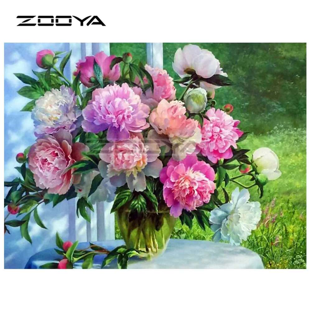 

ZOOYA 5D DIY Diamond Embroidery Landscape Windowsill Peony Flower Diamond Painting Cross Stitch Square Mosaic Decoration BK691