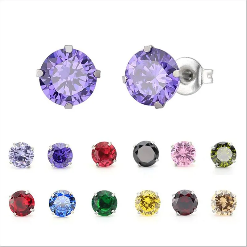 

PE11 Titanium Earrings With 5mm AAA Colorful Round Zircons 316l Stainless Steel Earring IP Plating No Fade Allergy Free
