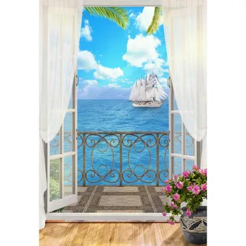 

Vinyl out window curtain sea Backdrops White Cloud sky children wedding holiday Photo Background Studio G-617