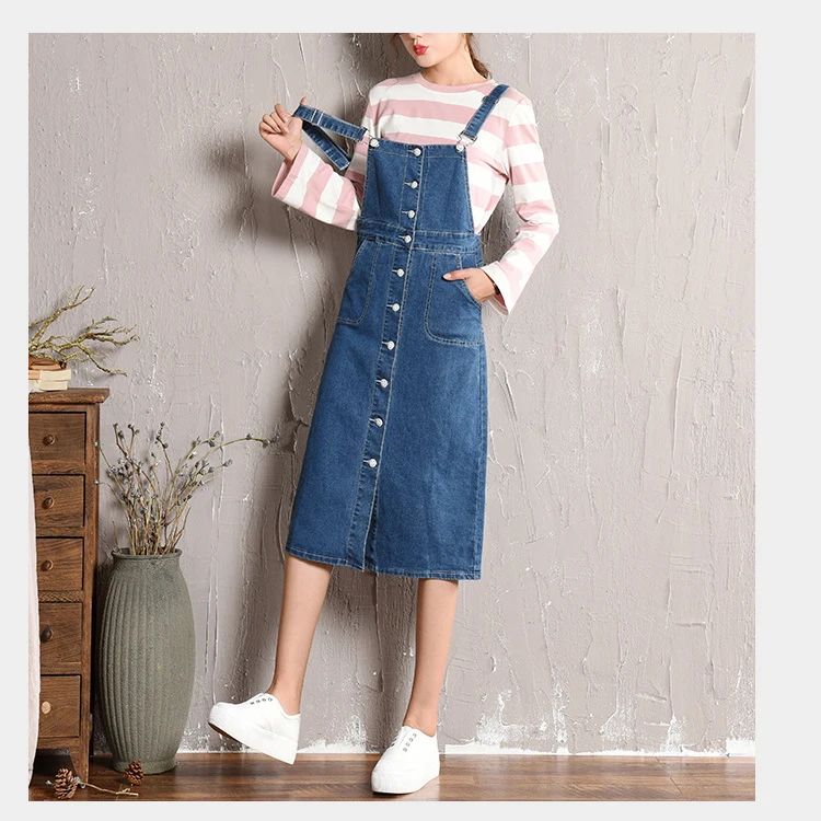 Large size strap dress women's 2018 autumn new Korean skirt denim dress light student long skirt (6)
