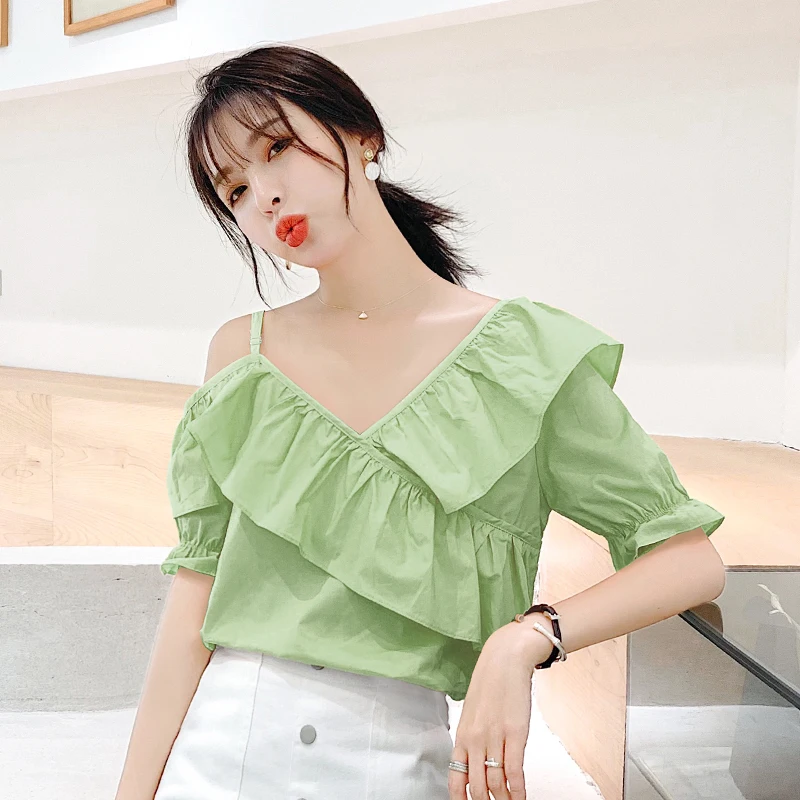 

2019 Summer Light Green Yellow Split Ruffled Sleeve Off Shoulder Cold Tops Open One Shoulder Blouse Chiffon Shirt For Ladies