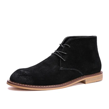 

British style men's vintage cow suede leather boots lace-up pointed toe ankle boot botas hombre mans soft leather shoes botines