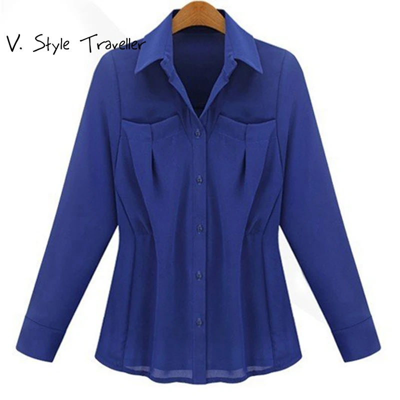 2016 Blue Chiffon Shirt Big Pockets Gathers Blouse Women's Ladies