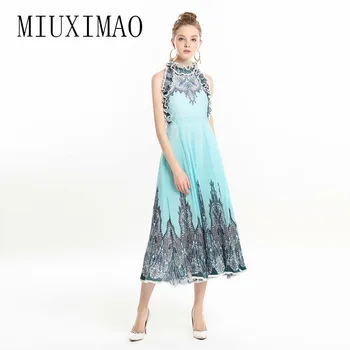 

High Quality 2019 Spring Newest Arrival Fashion Casual A-Line O-Neck Sleeveless Printed Elegant Tank Mid-Calf Dress Women