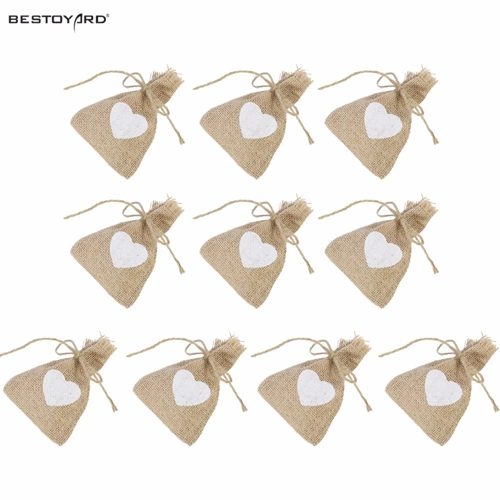 

10PCS Print Linen Jute Sack Pouch Drawstring Gift Bags Candy Bags Wedding with Heart Pattern