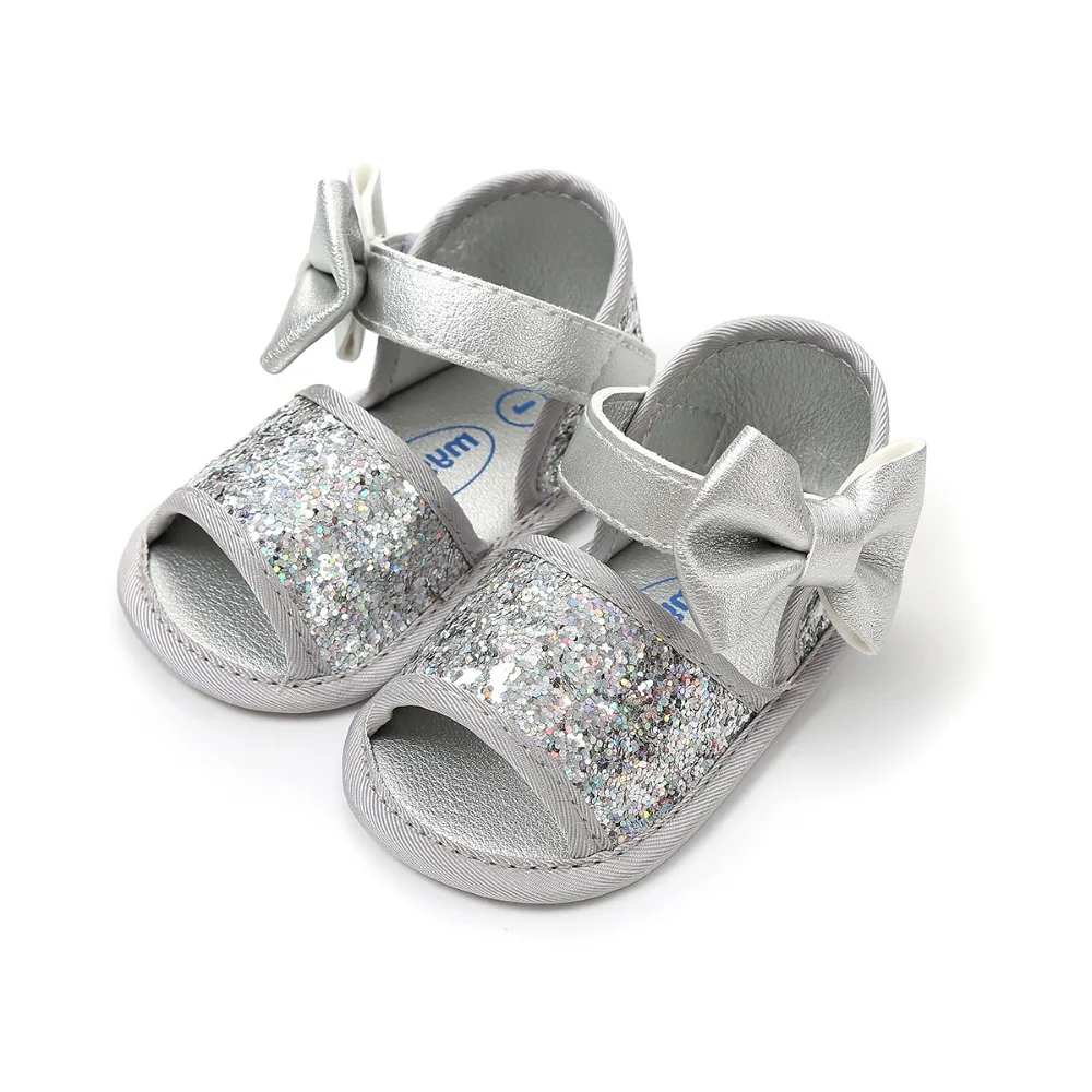 Brand Summer Sequin Bow Girls sandals PU Leather Princess sandals Gift baby moccasins Anti-slip Baby infant sandals