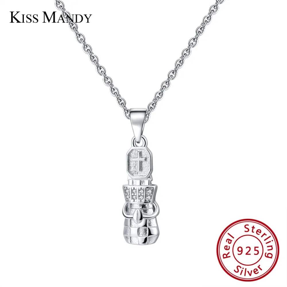 

KISS MANDY 925 Sterling Silver Cross Women Pendants Necklaces Chess Shape Cubic Zirconia Long Chain Original Jewelry Gift KSN128