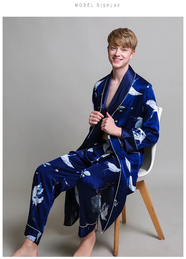 Two-Pieces Silk Nightgown Satin male Sleepwear Loose Tiger Dress Silky Long Sleeve Robe and Long Pants bathrobe set for Men mens pjs