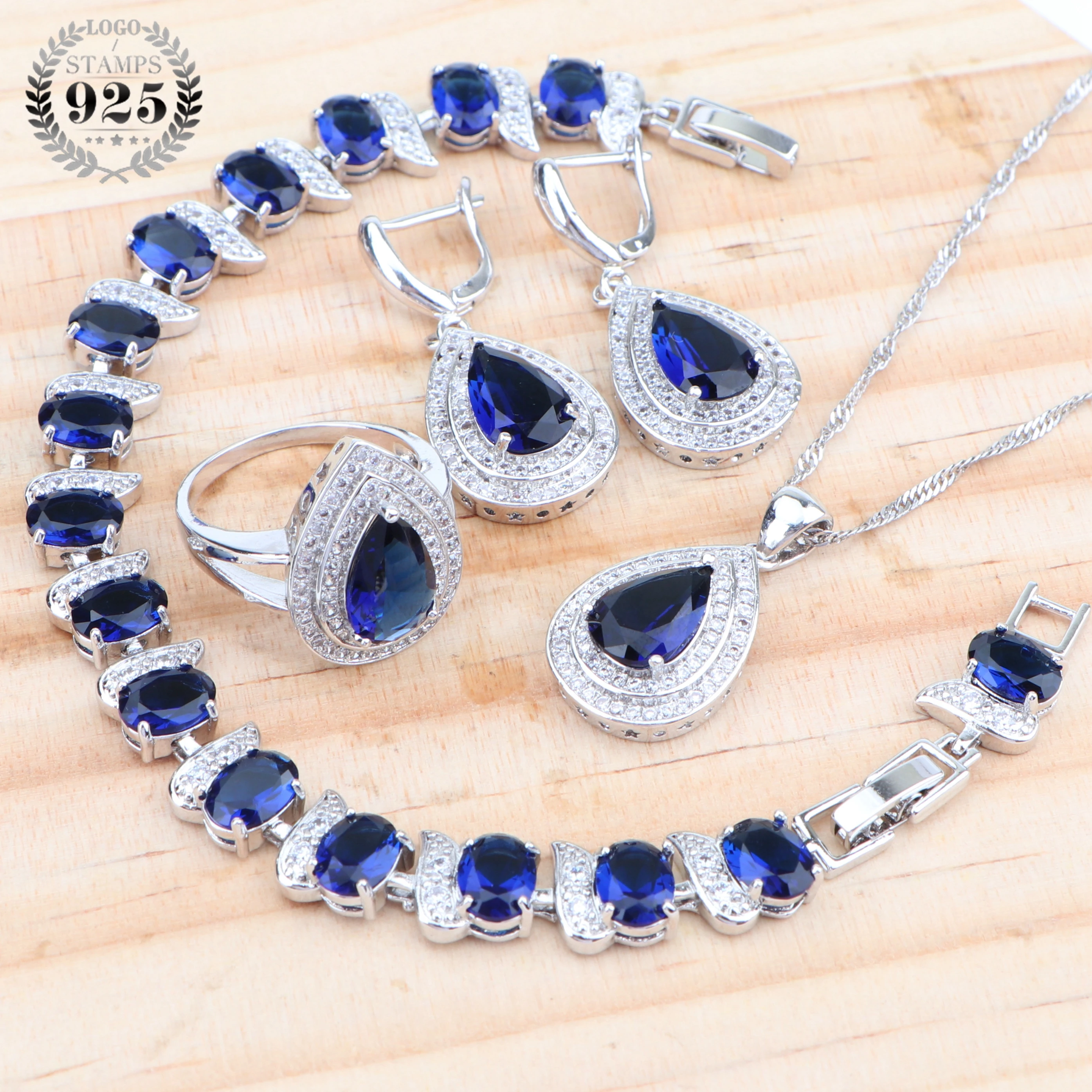 

Blue Zircon Bridal Silver 925 Jewelry Sets Women Earrings Costume Wedding Jewelry Bracelets Rings Necklace Pendant Set Gift Box