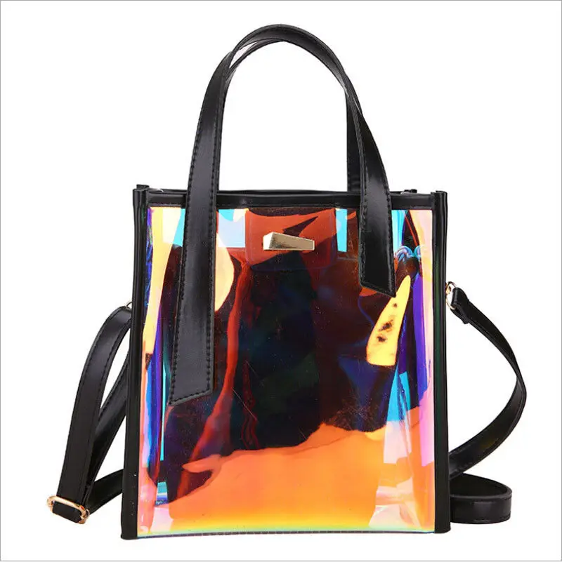 Голографическая лазерная сумка-мессенджер желе Радужная Прозрачная голограмма сумка для женщин композитная сумка женская сумка на плечо - Цвет: Черный