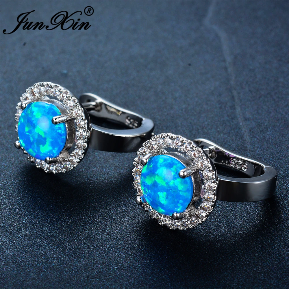 JUNXIN, женские круглые серьги-кольца, 925 пробы, наполненные серебром, серьги с голубым опалом для женщин, модное ювелирное изделие, Двухсторонние серьги