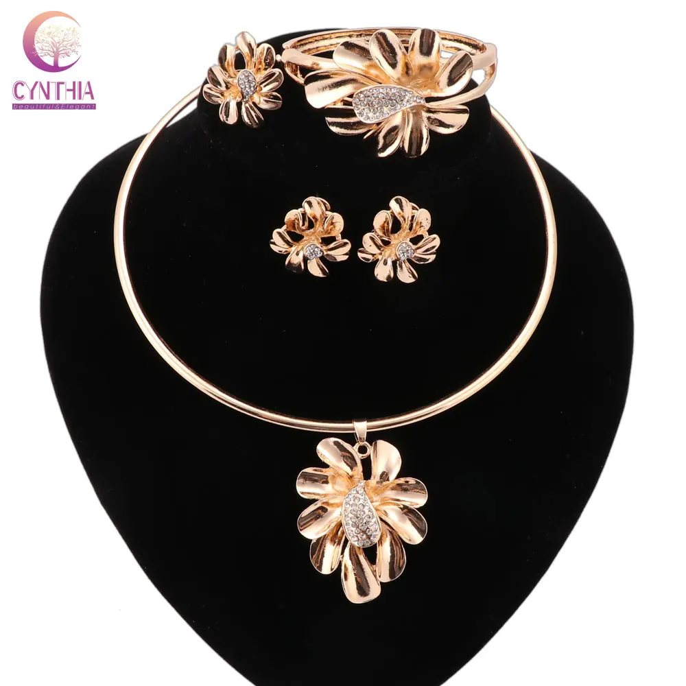 Women Trendy Gold Flower Jewelry Sets With Earrings For Party Wedding