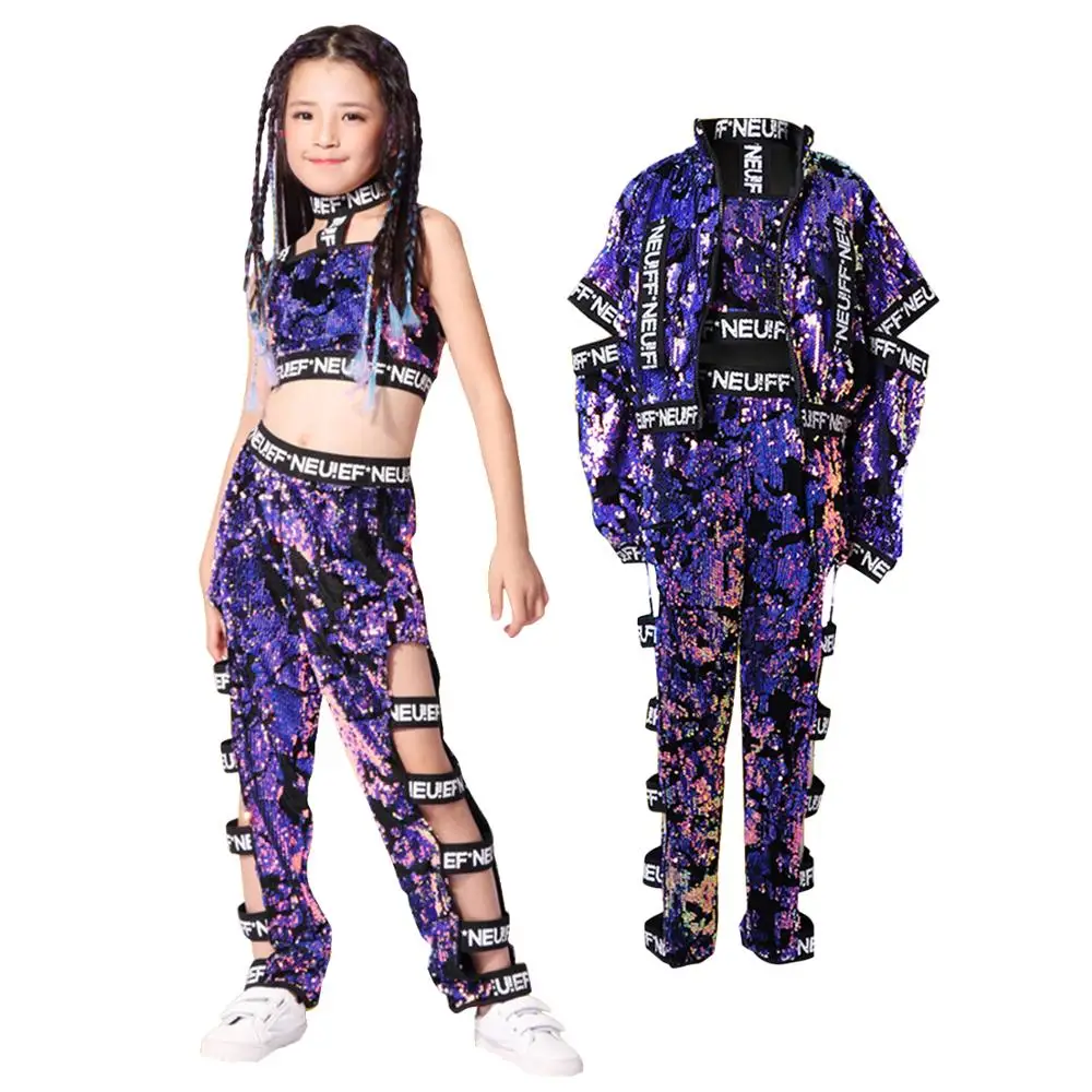 Kids Sequins Jazz Hip Hop Dance Costumes Waistcoat Jacket Pants Street Dancewear