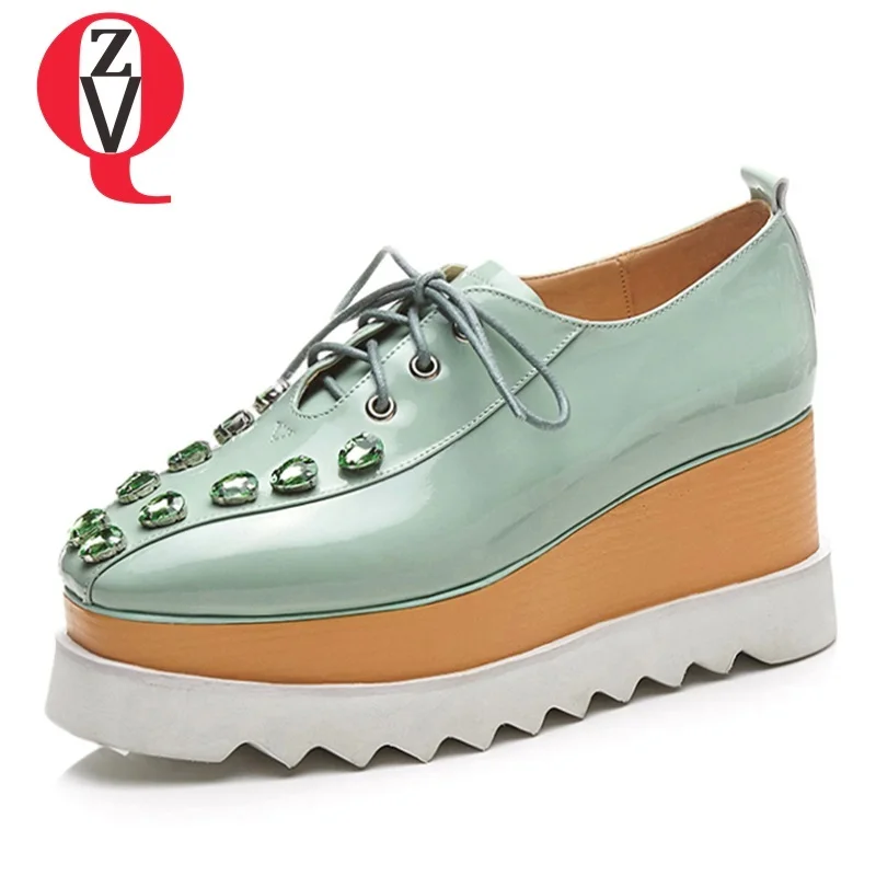 

ZVQ shoes woman spring new fashion sexy patent leather square toe woman pumps outside super high wedges platform crystal shoes