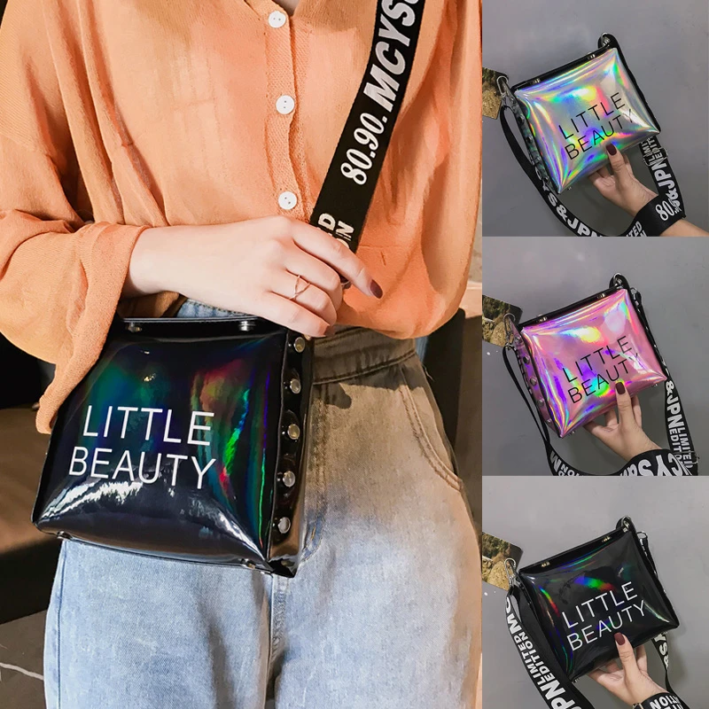 Moda mujer cool street estilo letras correas láser 3 colores Jelly mensajero bolsa holográfica hombro Crossbody bolsas para wom