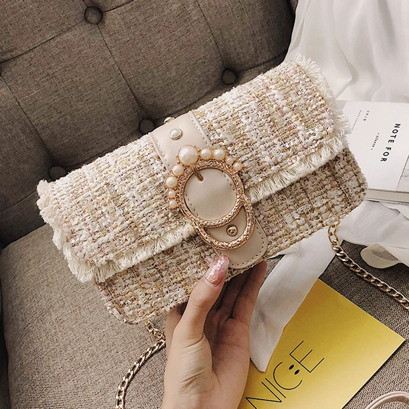 

2018 Autumn Winter Pearl Wool Bag Fashion Luxury Brand Women Messenger Crossbody Bags Small Chain Woolen Shoulder Bag For Ladies