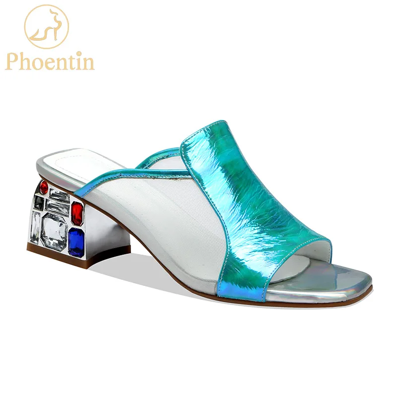 

Phoentin genuine leather woman slippers summer sandals mesh patchwork womens slides crystal high heels peep toe shoes blue FT675