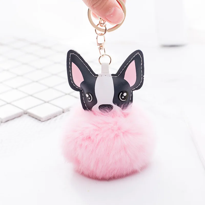 Пушистый кролик меховой шар брелок c французским бульдогом кожа мягкий пом плюшевая игрушка животное собака брелок держатель сумка брелок - Цвет: Pink