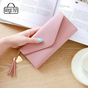 

2018 Spring and Summer Heart Pendant Cover & Hasp Tassel Simple Multi-functional Lychee Striped Wallets A9844/L