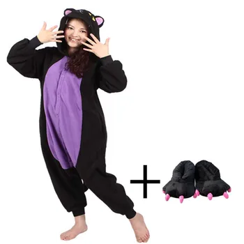 

Fantastic Onesie Winter Fleece Fabric Long Sleeve Warm Animal Pajamas Whole Soft Paw Shoe Black Luminous Cat Pijama Size S-XL