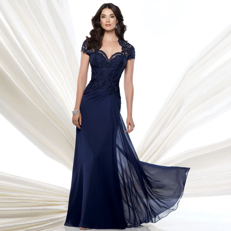 

A Line Cap Sleeve Floor Length Sweetheart Chiffon Mother Of The Bride Dresses Long With Appliques Lace Vestido De Madrinha