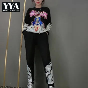 

Autumn Winter Embroidered Flares Sequins Womens Kintting 2Pcs Sets Long Sleeve O-Neck T-Shirts Elastic Waist Full Length Pants