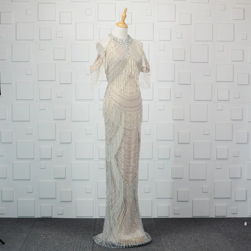 Формальное вечернее платье 2019 Jewel Воротник тяжелый труба из бисера Вечернее платье сделано с плеча Длинные вечерние платье