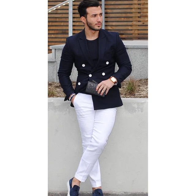 2017 azul marino doble pecho hombres traje Casual Blazer